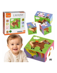 Puzzle Cuburi din Lemn pentru Copii – Animale de la Fermă, 4 Cuburi, 6 Imagini, Jucărie Educativă, 2+ ani