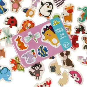Puzzle educativ pentru copii 3+ – set de puzzle-uri de asociere cu imagini formate din 2 piese cu diferite tematici, animale, fructe si legume, vehicule, cutie metalică