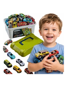 Set 50 mașinuțe metalice colorate cu harta de joacă depozitate în cutie cu mâner