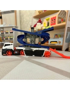 Set Camion pentru copii cu pista interactiva, Trailer de Jucarie educativ cu sunete si lumini, 2 masini incluse, 3+ ani - Img 4