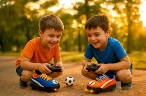 Set Joacă Fotbal 2 mașini RC în formă de pantof, telecomandate, 2 porți, minge, multicolor, 15,5x9,5x9cm - Img 10