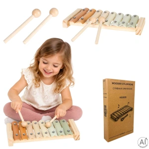 Xilofon din lemn pentru copii cu 8 note și 2 bețișoare, primul instrument muzical, 3 ani+