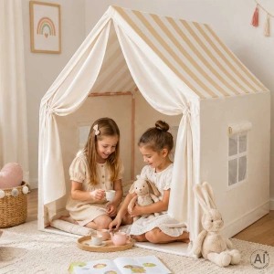 Cort de joacă pliabil pentru copii tip căsuță, bej cu acoperiș în dungi, ferestre și sac transport, 100x120x130cm - Img 3