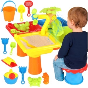 Masa de Joaca pentru Apa si Nisip – Cu Scaun, Moara de Apa, Accesorii si Pista Acvatica, 45x45x37 cm, 3+ Ani