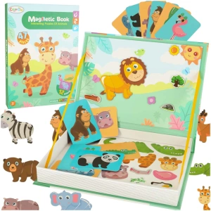 Puzzle magnetic Animale de Safari, carte cu tablă magnetică, 47 piese și 6 cartonașe model