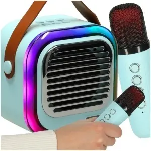 Set 2 Microfoane si Boxa Karaoke copii, Wireless, MicroSD card, Bluetooth, USB, Lumini ambientale, Albastru Turcoaz - Img 6