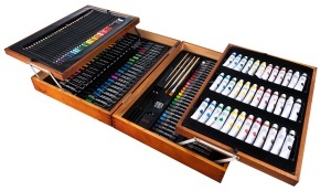 Set arta profesional complet , Pictura si Desen 174 piese – creioane, markere, vopsele, pasteluri si pensule, in cutie eleganta din lemn pliabila