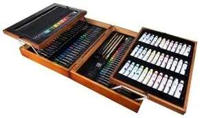 Set arta profesional complet , Pictura si Desen 174 piese – creioane, markere, vopsele, pasteluri si pensule, in cutie eleganta din lemn pliabila