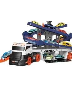 Set Camion pentru copii cu pista interactiva, Trailer de Jucarie educativ cu sunete si lumini, 2 masini incluse, 3+ ani