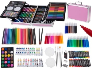 Set creativ de pictura si desen pentru copii, 145 de piese, valiza roz cu accesorii de arta, acuarele, markere, creioane, pensule si pasteluri