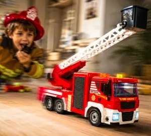 Set de construit camion de pompieri cu scară mobilă, șurubelniță cu vârfuri schimbabile, lumini și sunete realiste.+3 ani, Rosu - Img 5
