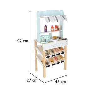 Set de Joaca Supermarket din Lemn Stand Magazin Copii cu Cos de cumparaturi, Accesorii pentru plata, Ladite legume si fructe, Produse alimentare, 97x45x27cm - Img 5