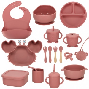 Set Hranire si Diversificare Bebelusi 19 Piese – Silicon Alimentar Fara BPA, Farfurii cu Ventuza, Tacamuri, Caserola, Baveta, Suzeta, Cani cu Capac si Pai, Roz - Img 2