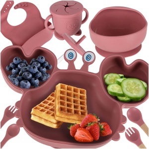 Set Hranire si Diversificare Bebelusi 19 Piese – Silicon Alimentar Fara BPA, Farfurii cu Ventuza, Tacamuri, Caserola, Baveta, Suzeta, Cani cu Capac si Pai, Roz