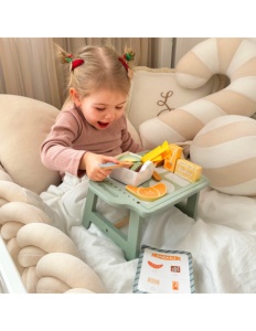Set Joaca mic dejun din lemn – 26 piese, cu masuta de servire, croissant, ou, legume, tacamuri – joc de rol, 3+ ani - Img 3