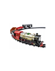 Trenuleț Electric Retro Roșu cu Locomotivă, Șine, Vagoane, Sunete și Lumini – Set 29 Piese - Img 5