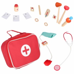 Trusă de doctor din lemn pentru copii, cu geantă, stetoscop, seringă și accesorii medicale - Img 3