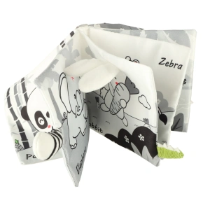 Carte senzorială moale din material textil pentru bebeluși, Cozi de animale – Bufniță, cu contraste, 6 luni+ - Img 4