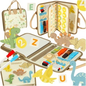 Carte senzoriala Montessori, Tabla Manipulativa Educationala, Numeroase Activitati, 6 pagini, Tematica Dinozauri