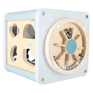 Cub educativ din lemn 5 în 1 pentru copii 1+ – jucărie senzorială cu sortator de forme, labirint, xilofon și circuit cu mărgele - Img 5