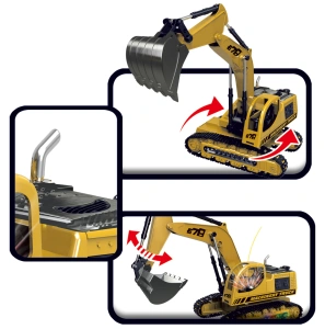 Excavator cu telecomandă pe șenile, cu braț și cupă mobile, lumini colorate și cabină rotativă. Încărcător inclus.+3 ani, Galben - Img 4