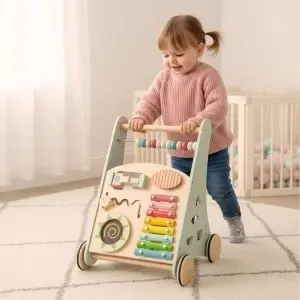 Premergător din Lemn cu Abac, Sortator de Forme și Blocuri Colorate – Jucărie Educațională Montessori pentru Copii 12+ luni - Pusher - Img 11