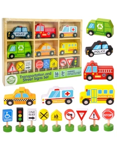 Set de jucarii din lemn pentru copii, 15 piese-mașinuțe, vehicule și indicatoare rutiere, joc educativ, pentru invațarea regulilor de circulație