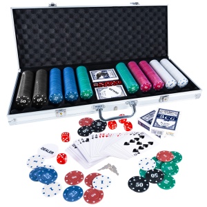 Set Poker, Craps & Blackjack cu 500 Jetoane, 2 Pachete Carti, 5 Zaruri si Jeton Dealer – Servieta Eleganta cu Cheie si Protectie din Spuma