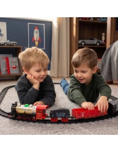 Trenuleț Electric Retro Roșu cu Locomotivă, Șine, Vagoane, Sunete și Lumini – Set 29 Piese - Img 2