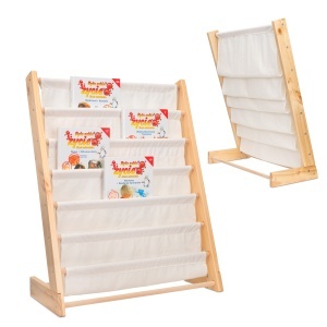 Biblioteca pentru copii – Raft carti organizare și lectură într-un singur loc pe 6 nivele, Lemn+Bumbac, 63cm x 30cm x 76,5cm