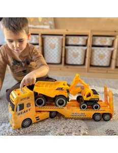 Camion de tractare cu rampă mobilă – set cu autobasculantă și excavator, lumini și sunete, 3+ ani - Img 3