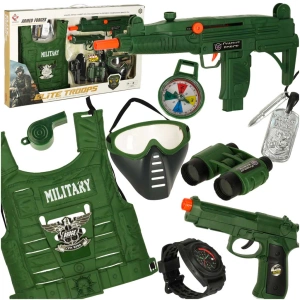 Costum de soldat pentru copii cu vestă tactică, pușcă, pistol, binoclu și accesorii, 10 piese, 3 ani+