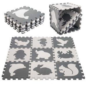 Covoras tip puzzle de joaca, Antiderapant, Amortizeaza caderile, Tematica Zoo, 90 x 90 x 1 cm, Gri