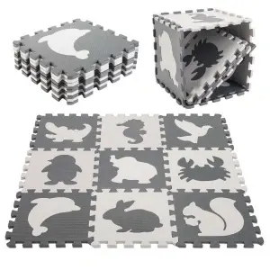 Covoras tip puzzle de joaca, Antiderapant, Amortizeaza caderile, Tematica Zoo, 90 x 90 x 1 cm, Gri