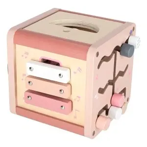 Cub educativ din lemn 5 în 1 pentru copii 1+ – jucărie senzorială cu sortator de forme, labirint, xilofon și circuit cu mărgele - Img 2