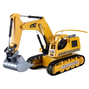 Excavator cu telecomandă pe șenile, cu braț și cupă mobile, lumini colorate și cabină rotativă. Încărcător inclus.+3 ani, Galben