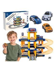 Garaj auto supraetajat – parcare cu lift manual, pista și 3 mașinuțe metalice, 3+ ani