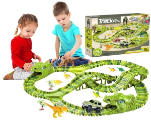 Pistă Mașini Dinozaur – 240 Segmente Flexibile pentru Auto Asamblare, Tuneluri și Figurine Incluse - Img 3