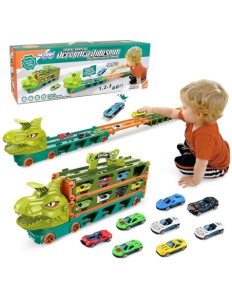 Set Camion de Jucarie pentru Transport, Cap Tractare Dinozaur cu pista de curse pliabila si catapulta, 2,1 m + 8 masini metalice