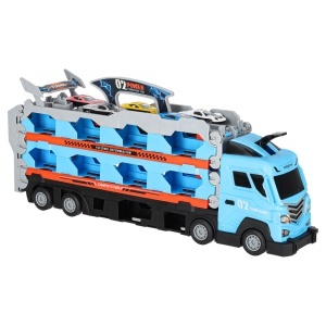 Set Camion de Jucarie pentru Transport cu 8 masinute de curse, trailer, catapulta pentru vehicule, platforma si pista de curse, Albastru - Img 5