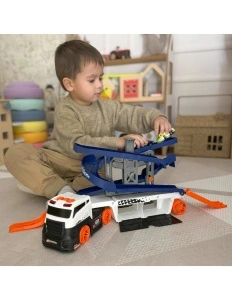Set Camion pentru copii cu pista interactiva, Trailer de Jucarie educativ cu sunete si lumini, 2 masini incluse, 3+ ani - Img 5