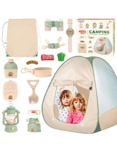 Set de camping pentru copii, Cort de Joaca cu 25 accesorii, rucsac, lanterna, aragaz, binoclu, lampa cu gaz, 3+ ani