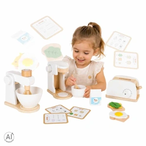 Set electrocasnice de jucărie din lemn pentru copii: prăjitor de pâine, espressor și mixer, 16 piese, 3 ani+
