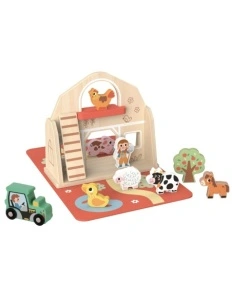 Set Ferma din Lemn Portabila, 11 Figurine si Accesorii, Casa Pliabila cu Maner, de la 18 luni