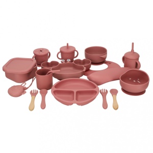 Set Hranire si Diversificare Bebelusi 19 Piese – Silicon Alimentar Fara BPA, Farfurii cu Ventuza, Tacamuri, Caserola, Baveta, Suzeta, Cani cu Capac si Pai, Roz - Img 3
