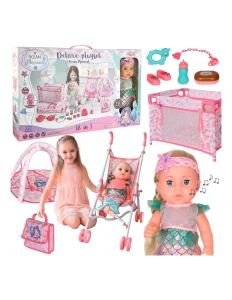 Set Păpușă Bebeluș Sirenă 36 cm cu Sunete, 18 în 1 – Cărucior, Pătuț, Gențuță și Accesorii de Îngrijire