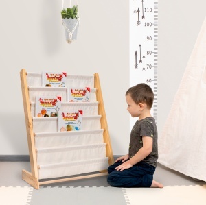 Biblioteca pentru copii – Raft carti organizare și lectură într-un singur loc pe 6 nivele, Lemn+Bumbac, 63cm x 30cm x 76,5cm - Img 8