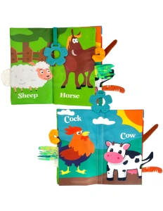 Carte senzorială textilă pentru bebeluși – cozi de animale, elemente foșnitoare și ilustrații colorate, 0+ luni - Img 6
