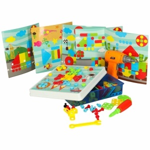 Puzzle educativ 261 piese cu mașină de găurit funcțională, șuruburi colorate, unelte și modele — set STEM pentru copii 3+ - Img 3