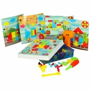 Puzzle educativ 261 piese cu mașină de găurit funcțională, șuruburi colorate, unelte și modele — set STEM pentru copii 3+ - Img 3